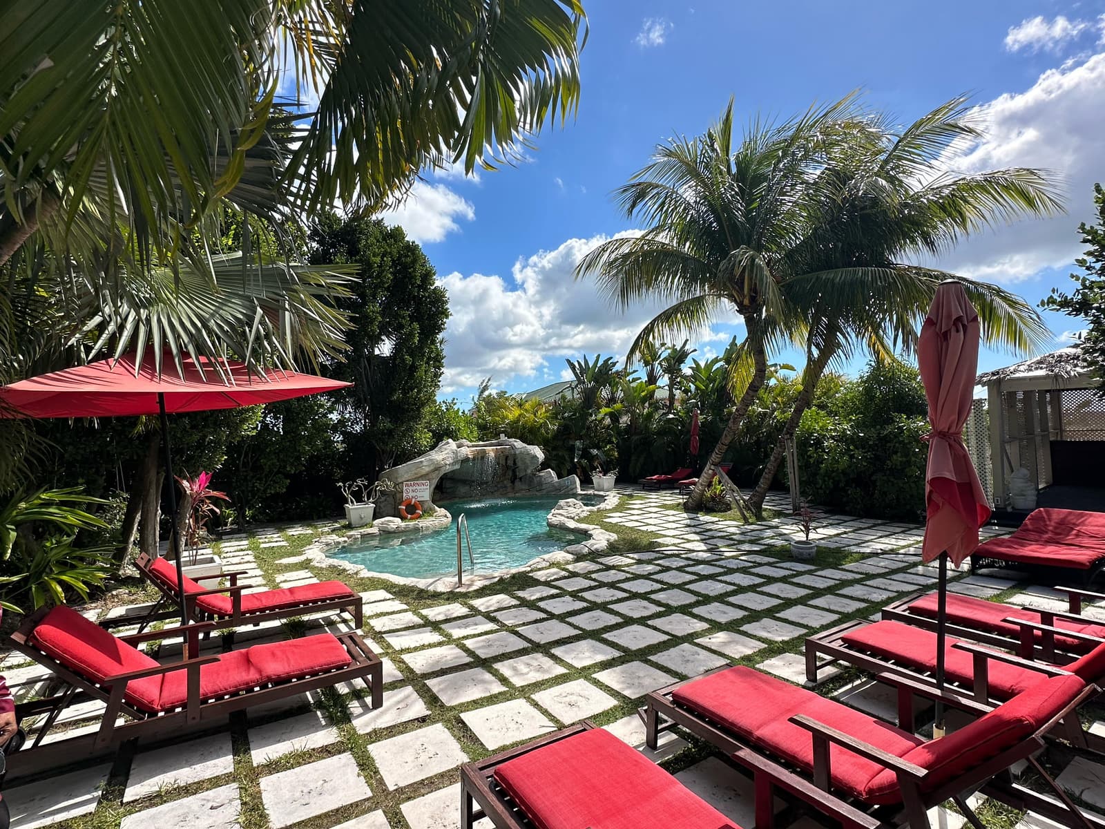 The pool terrace under palms, red loungers and parasols set around water fed by a limestone rock fall
